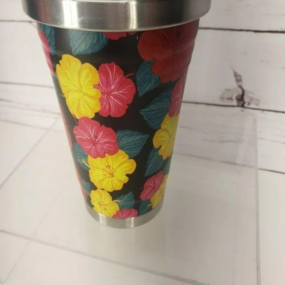 Hawaiian Floral Print Stainless Steel Tumbler Cold Cup Hibiscus Flowers 17 Fl Oz
